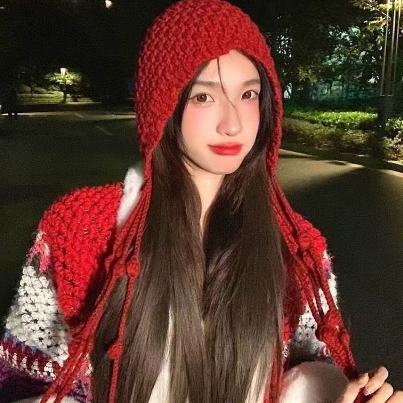 手工编织流苏球球毛线帽保暖包头
