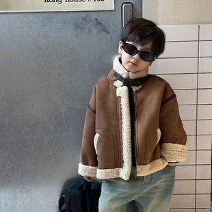 香港BAKUXIA男童加绒外套秋冬儿童加厚羊羔麂皮绒机车服皮毛一体