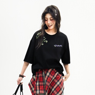 DUKE+DEXTER纯棉圆领短袖女T恤夏季宽松独特漂亮印花美式百搭上衣