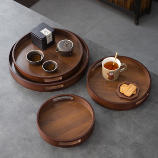 手提实木托盘圆形日式茶盘餐盘咖啡厅甜品盘收纳盘蛋糕盘点心木盘