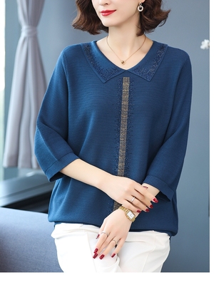 胖妈妈春秋七分袖冰丝小衫翻领大码遮肉洋气中老年女夏装针织T恤