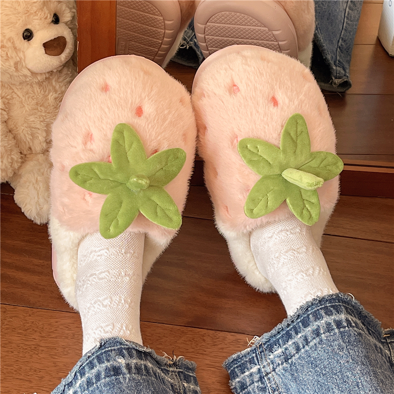 可爱卡通少女心草莓包头棉拖鞋女厚底家居保暖加绒防滑毛毛拖鞋潮