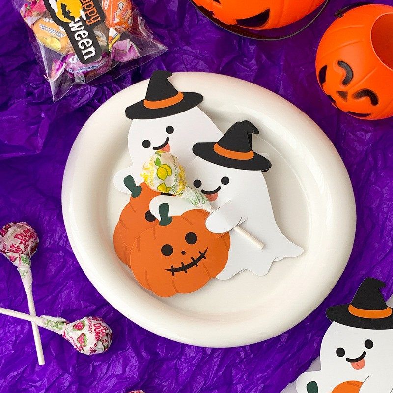 50枚万圣节抱着南瓜的幽灵可爱棒棒糖装饰纸卡糖果包装卡片留言卡