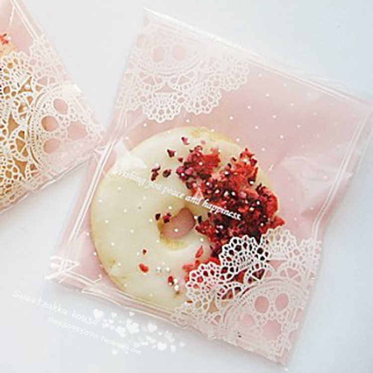 100个价 蕾丝花边百代丽粉色自粘袋糖果袋手工皂袋发饰饰品包装袋