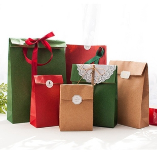 圣诞礼物包装纸袋复古红绿牛皮色环保袋糖果袋饼干西点烘焙礼品袋
