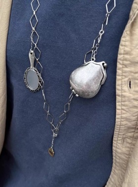 吴小姐韩代amomento同款复古镜子吊坠菱格链条腰链毛衣链锁骨链女