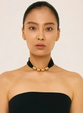 欧美冷淡风金属圆球项链复古法式绑带锁骨链时尚小众设计感项链