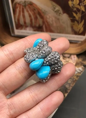 中古vintage饰品铜镀金密镶水钻绿色石戒指气质百搭复古轻奢指环