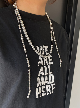 施家灰色长款人造珍珠项链女可多层叠戴复古小众独特链条