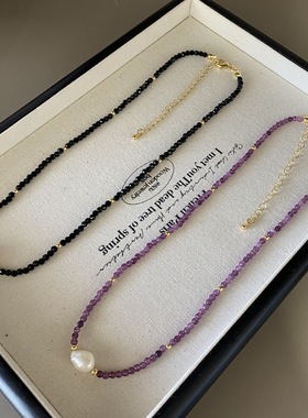 黑色尖晶石珍珠锁骨链简约复古项链女轻奢小众串珠choker颈链配饰