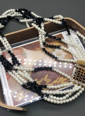 中古vintage饰品多层珍珠项链经典百搭黑白撞色设计镶钻毛衣链女