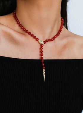 新年小红薯新款红玛瑙灵蛇项链女个性复古绿玛瑙项链本命年项链