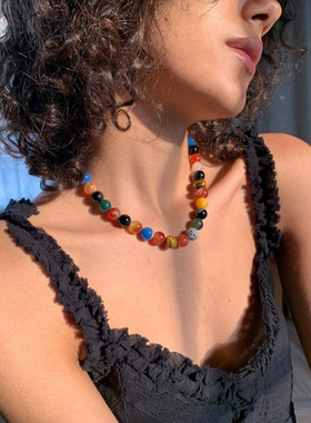 浪漫宇宙春夏新款天然彩色玛瑙虎眼石串珠项链度假风锁骨链