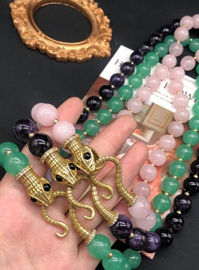 高级设计感时尚项饰铜镀做旧金蛇形挂扣粉晶紫晶短款项链多色可选