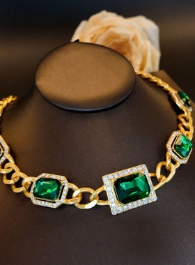 复古几何矩形八边形绿色莱茵石镶钻链条项链女时尚气质饰品
