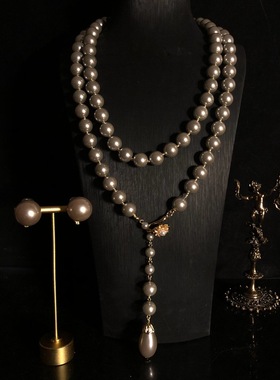 西洋中古风灰色琉璃珍珠长款项链毛衣链巴洛克珍珠耳夹时尚百搭款
