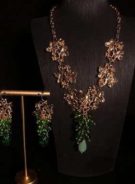 西洋复古中古风串珠铜镀真金绿色琉璃珠葡萄坠项链耳环优雅套装女