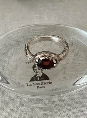 韩国小众ChildStella同款红宝石戒指复古做旧银色百搭叠戴手工指