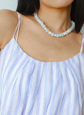 原创夏日海蓝宝白贝串珠项链手链女度假风百搭圆珠时尚套装