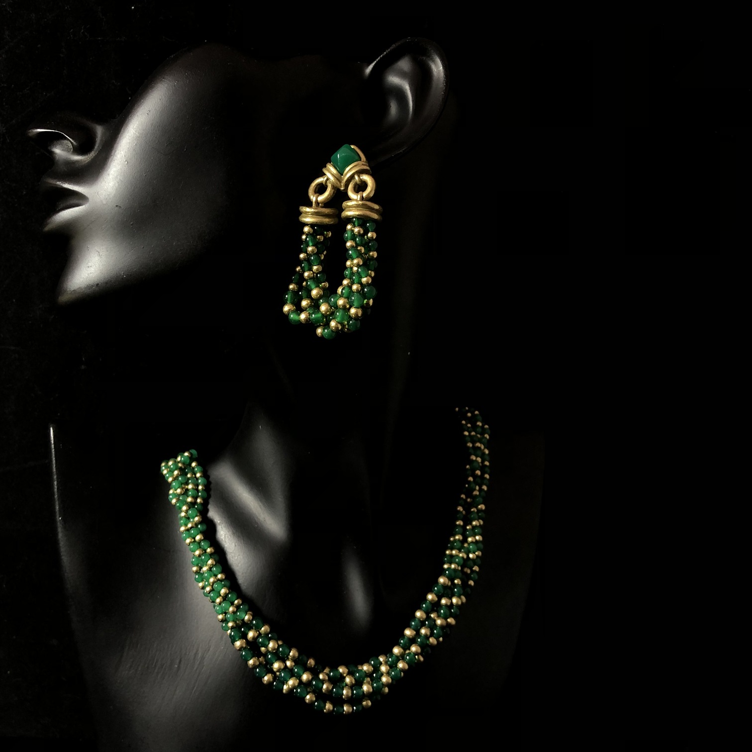 复古多层叠戴设计感绿色石头串珠项链耳钉饰品套装首饰百搭时尚