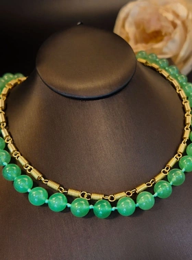 高级感双层绿色天然石串珠弹簧链项链女时尚优雅通勤百搭饰品