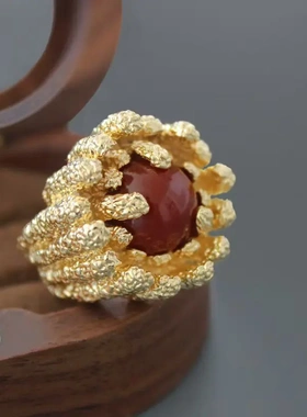 PS家西班牙红玛瑙戒指新款冬季复古轻奢小众纹理线条雕刻开口戒指