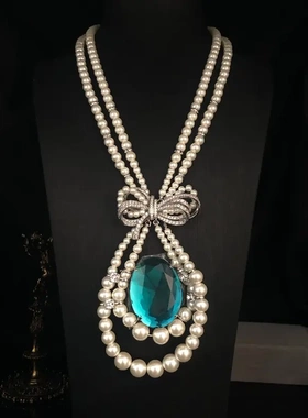 法式复古风饰品双层琉璃珍珠蝴蝶结短款项链蓝宝石重工设计毛衣链