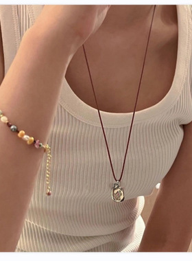 韩国小众设计师品牌同款八芒星方形吊坠项链简约可调节许愿石绳链