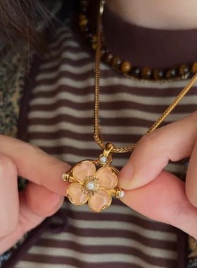 ins欧美粉水晶四叶草项链女时尚简约个性潮流时尚小众项链