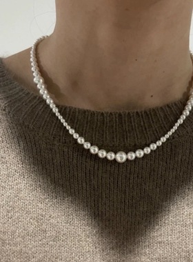 秋冬新款施家渐变白色珍珠项链强光珍珠高级感百搭时髦毛衣锁骨链