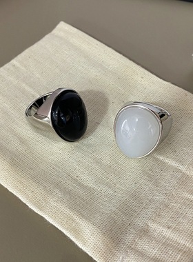 小众设计鹅蛋黑玛瑙戒指天然石椭圆白玛瑙戒指新中式法式复古