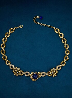 青岛中古宫廷风项链铜镀复古浮雕树叶水钻深蓝色石花朵毛衣链