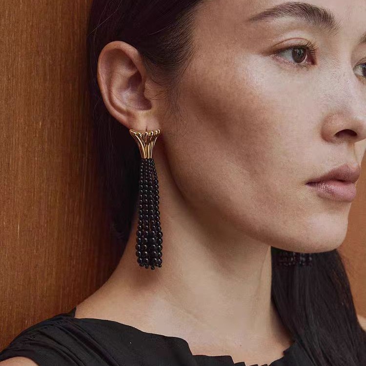 博主同款流苏黑玛瑙耳环铜镀18K金耳坠925银针小众设计高级感耳饰
