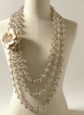 vintage中古山茶花胸针 透明琉璃串珠多层项链重工毛衣链女