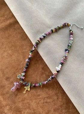 青岛美琳蘑菇项链果实吊坠可爱紫粉色天然石串珠复古毛衣链