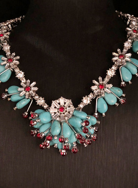 vintage中古重工设计时尚饰品绿松石莱茵石镶嵌优雅气质精致项链