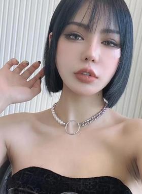 欧美甜酷千禧风珍珠粉钻锁链简约Y2K拼接时尚气质锁骨链设计感