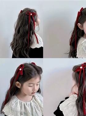 复古丝绒蝴蝶结飘带儿童发夹发饰女童碎发夹边夹甜美鸭嘴夹头饰