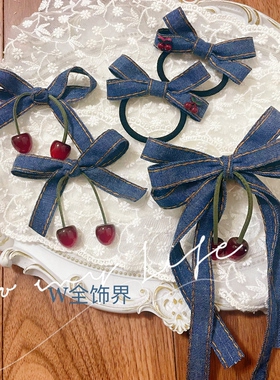 蓝色牛仔布艺飘带蝴蝶结发夹韩版顶夹质感发饰公主甜美头饰新款