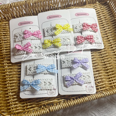 韩版儿童蕾丝格子蝴蝶结发夹甜美少女心刘海夹不锈钢拜拜夹