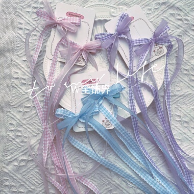 韩版儿童格子长飘带蝴蝶结芭蕾风编发边夹双马尾发卡发饰头饰