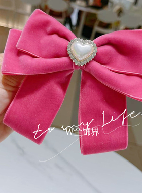 富家千金风爱心丝绒蝴蝶结儿童弹簧发夹在逃公主玫红色女孩顶夹