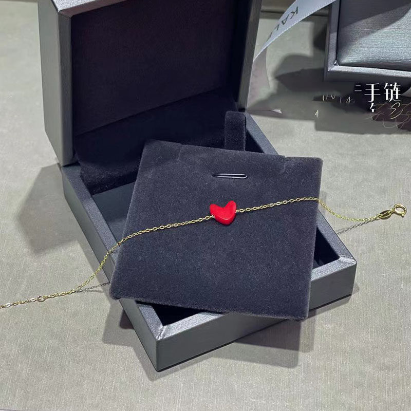 日式小红心手链纯18K彩金珊瑚色桃心手串手圈七夕网红同款