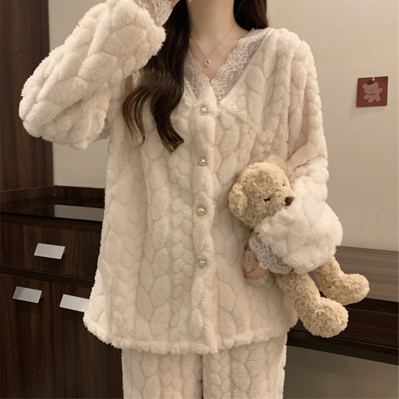 珊瑚绒睡衣女春夏季新款加绒加厚蕾丝长袖法兰绒春夏季家居服套装