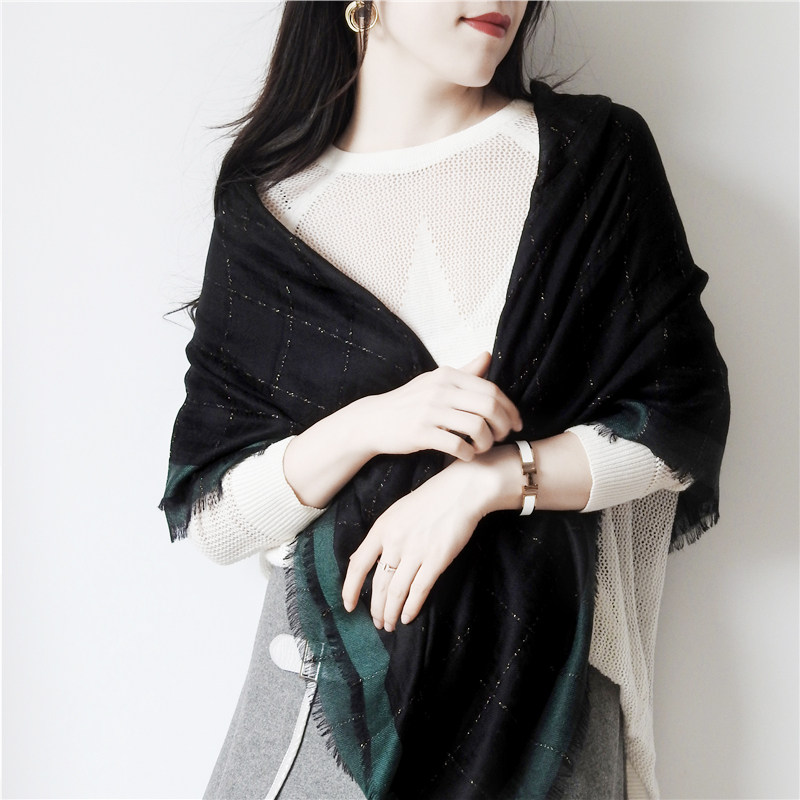 黑配墨绿加金丝太好看格大方巾