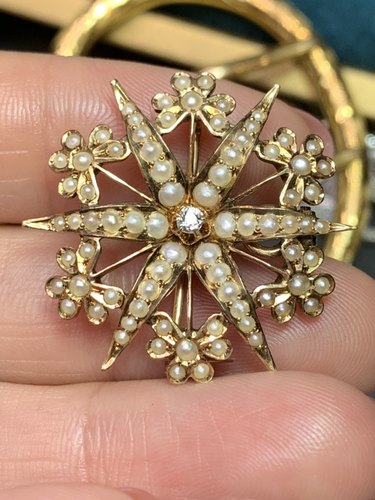 古董14K金米珠钻石胸针吊坠两用款 不退不换