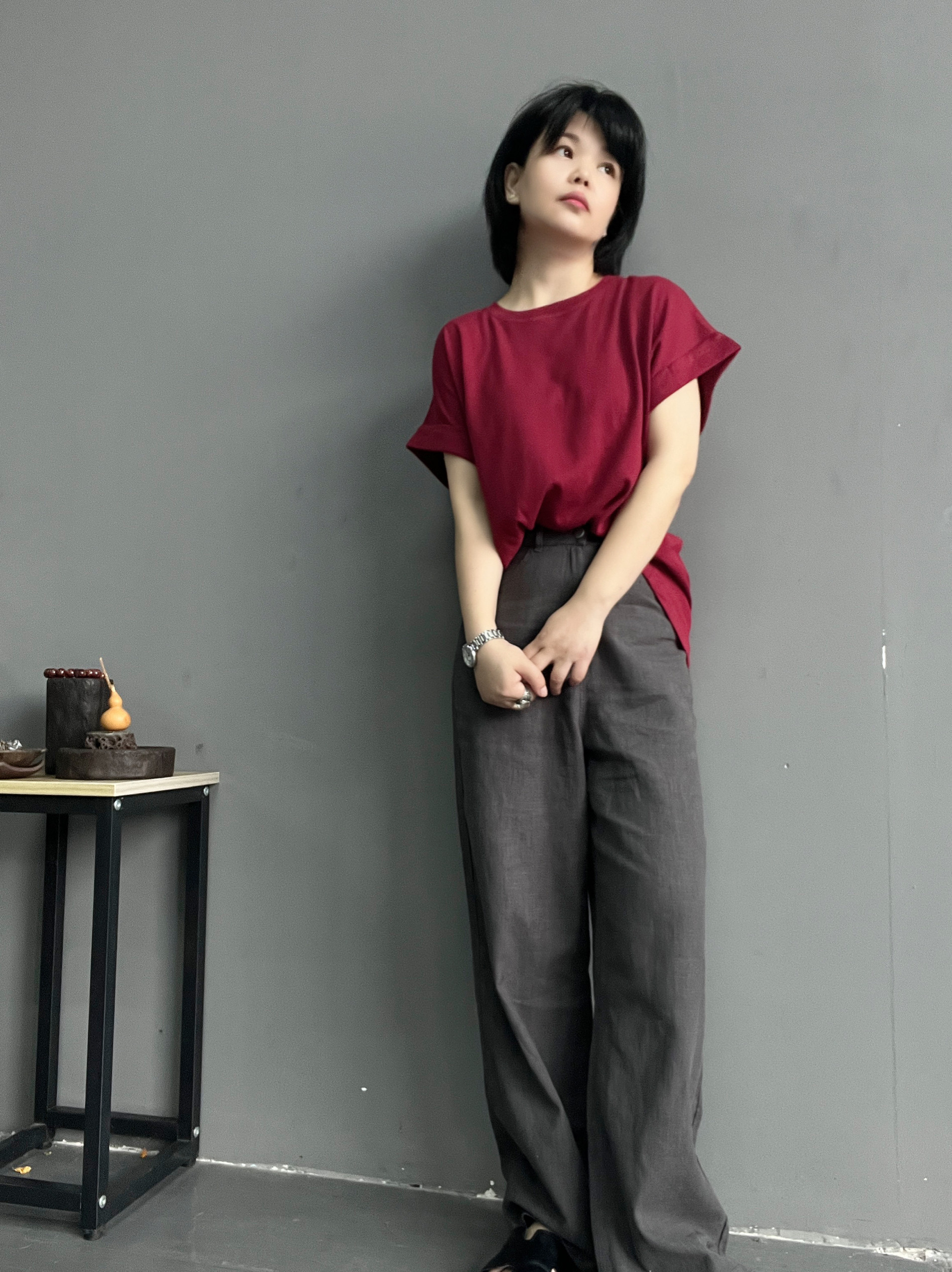 夏季亚麻棉时尚圆领短袖T恤女韩国学院风森系宽松洋气卷边袖上衣