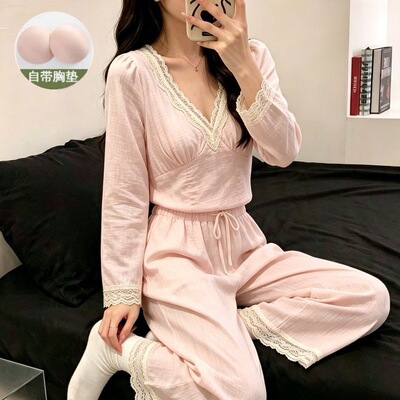 睡衣女夏季法式温柔风蕾丝V领杏色甜美可外穿带胸垫家居服套装