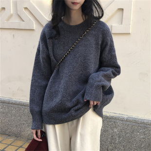 复古纯色休闲圆领套头毛衣女秋冬新款外穿韩版宽松港风针织衫上衣