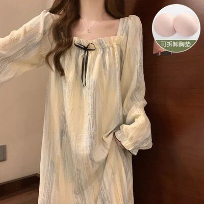 长袖睡裙女春秋季带胸垫纯棉睡衣女夏天2024新款休闲可外穿家居服